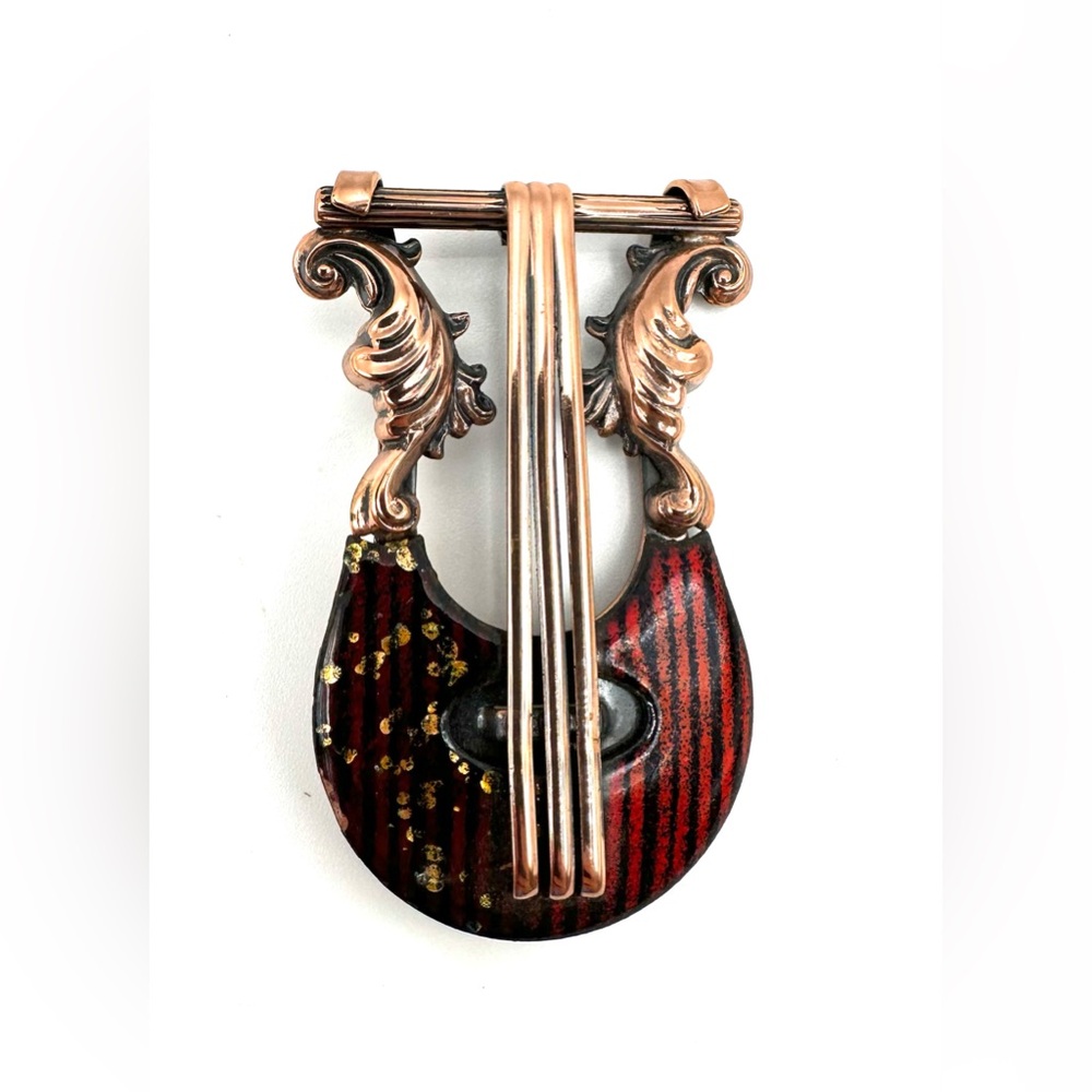 Matisse Renoir Copper Enamel Lyre Brooch | Mid-Century Modern | Vintage